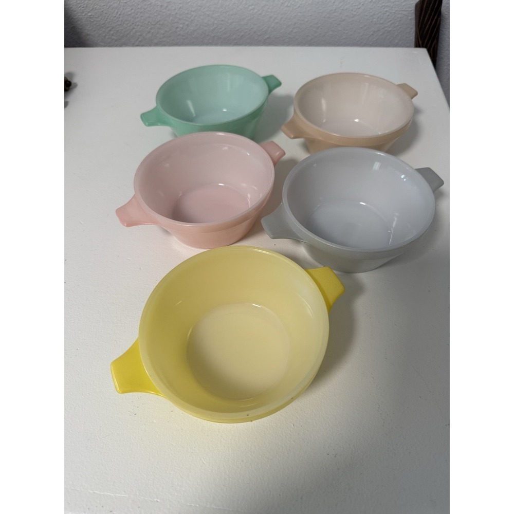 Vintage Glassbake Bowls (5) Pastels With Handles 1950's